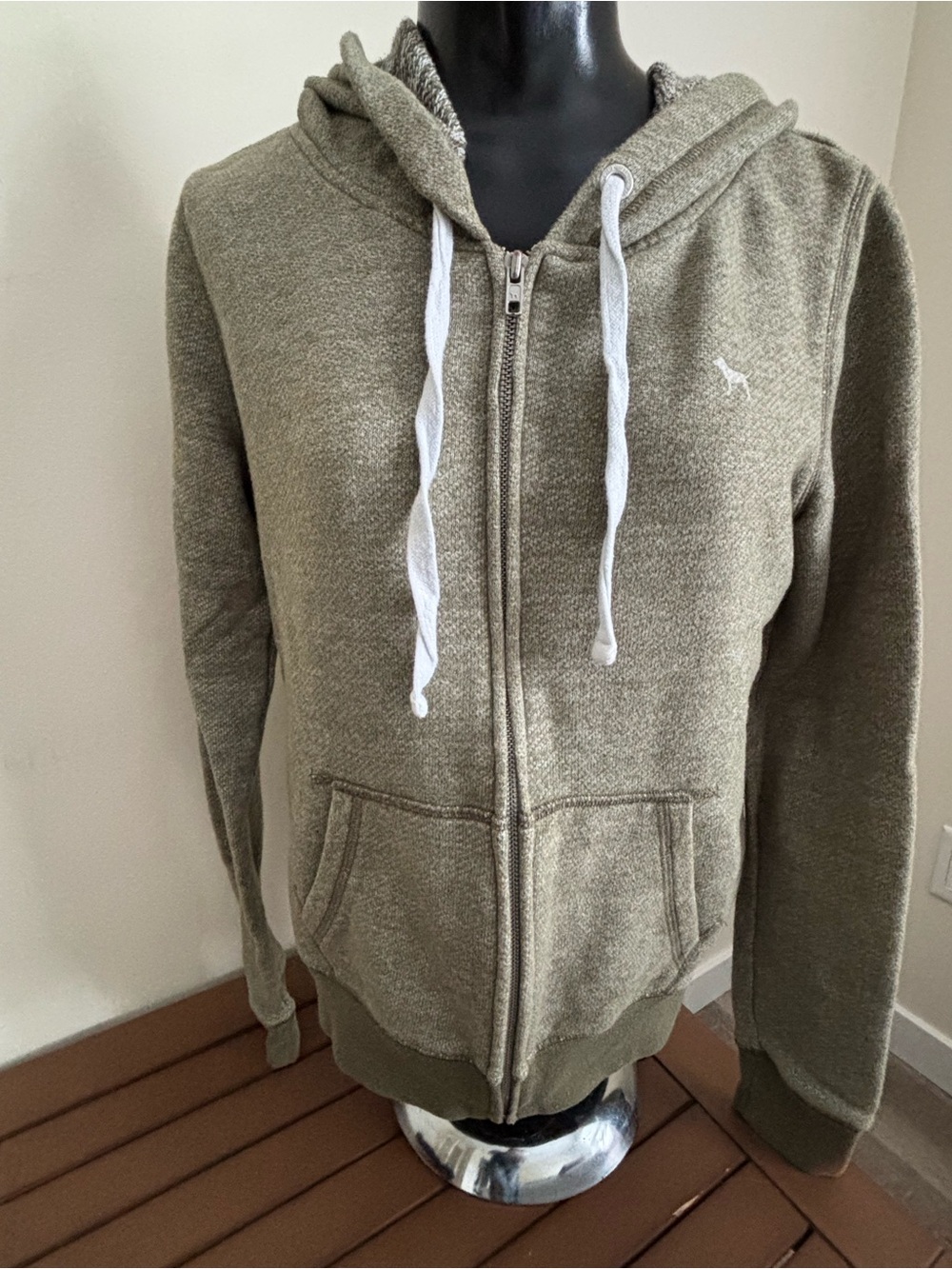PINK Victoria's Secret Women’s Olive Zip-Up Hoodie with White Drawstrings